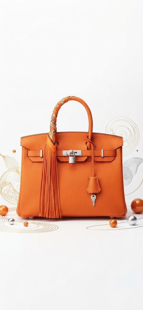 : Sac façon Birkin (Cuir grainé) customisé avec foulard et franges Orange — 1