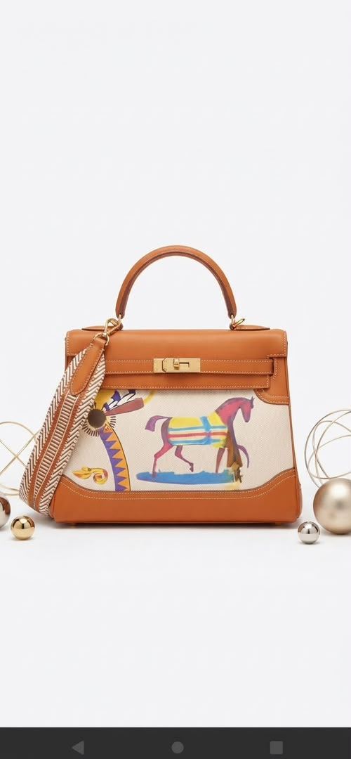 Sac cabas/cartable façon Kelly avec motif artistique équestre 100% cuir