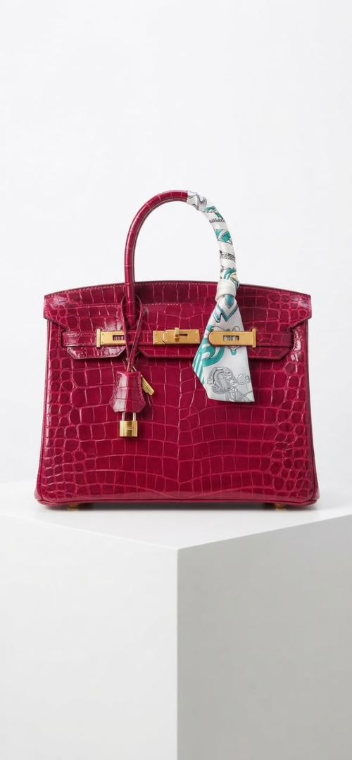 Sac cabas style Hermès Birkin (Édition effet croco rouge avec foulard twilly)