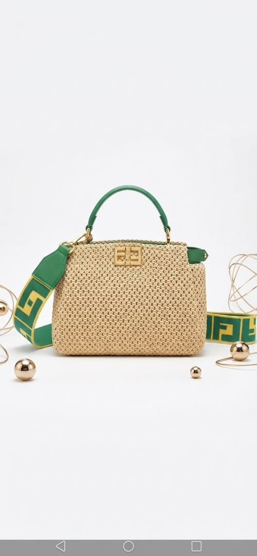 Sac cabas style Fendi Peekaboo / Effet paille tressée et cuir vert friperie