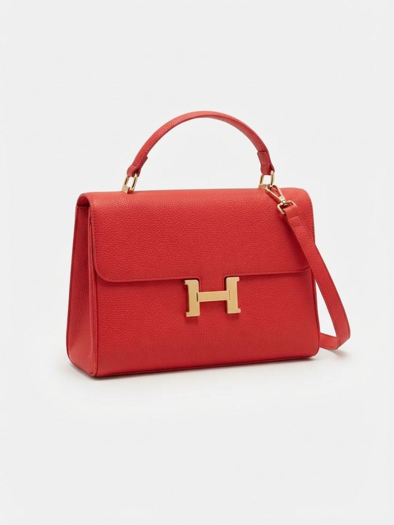 Sac à Main de Luxe Style "H" - Cuir Grainé Rouge Écarlate authentique — 1