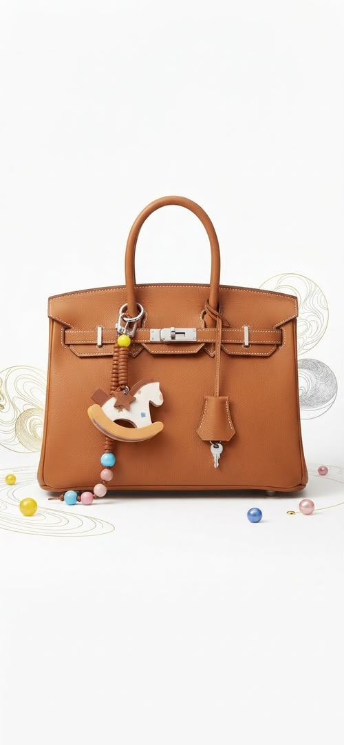 Sac façon Birkin (Cuir grainé) avec charm cheval à bascule Cognac / Camel fripe